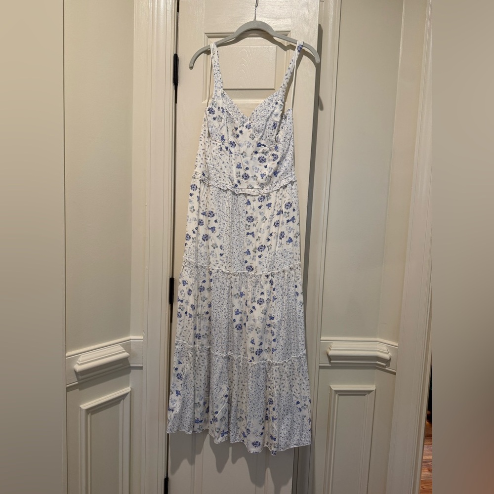 Kirious Los Angeles Blue Floral Tiered Maxi Dress with Spaghetti Straps NWOT